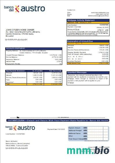 Ekwador Banco del Austro wyciąg z kredytu hipotecznego szablon Word i PDF
